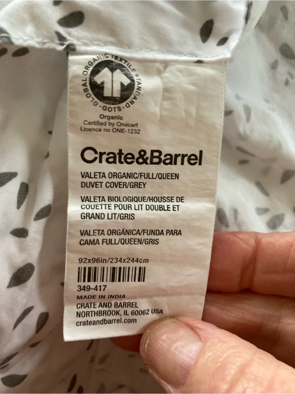 Crate&Barrel White Cotton Bedding with Gray Abstract Dot Print